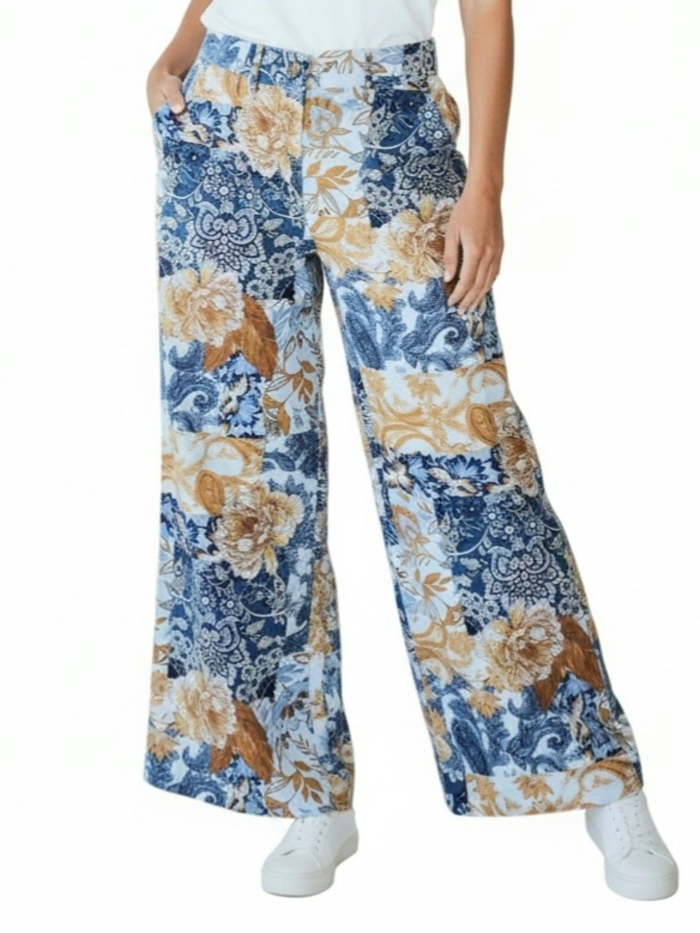 Boston Proper Blue and Gold Floral Patchwork Wide-Leg Pants